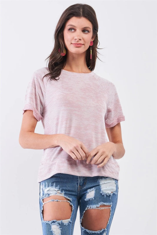 Mauve Short Folded Sleeve Round Neck Relaxed Fit T-Shirt Top /2-2-2 - Tasha Apparel Wholesale