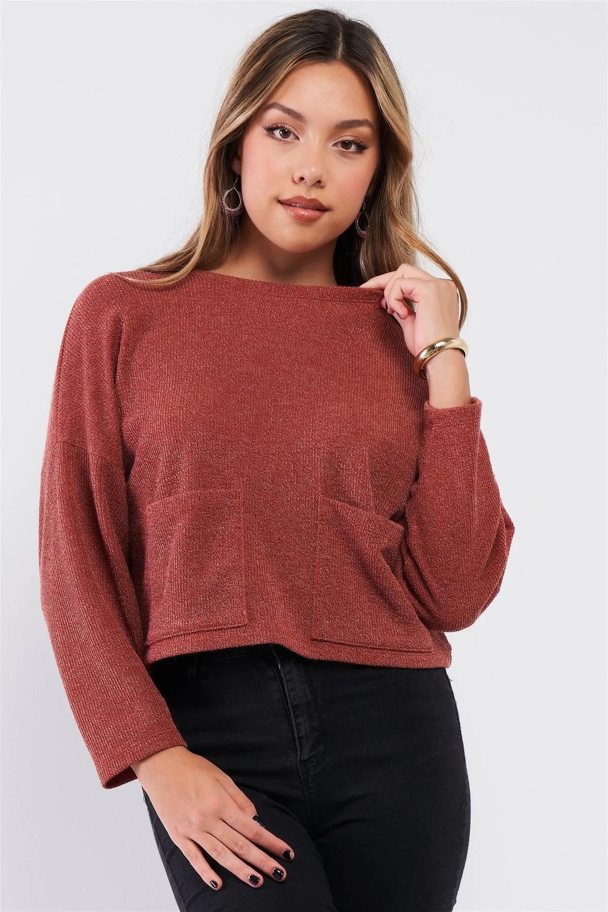 Brick Two Front Pocket Crew Neck Long Sleeve Knit Top /2-2-2 - Tasha Apparel Wholesale