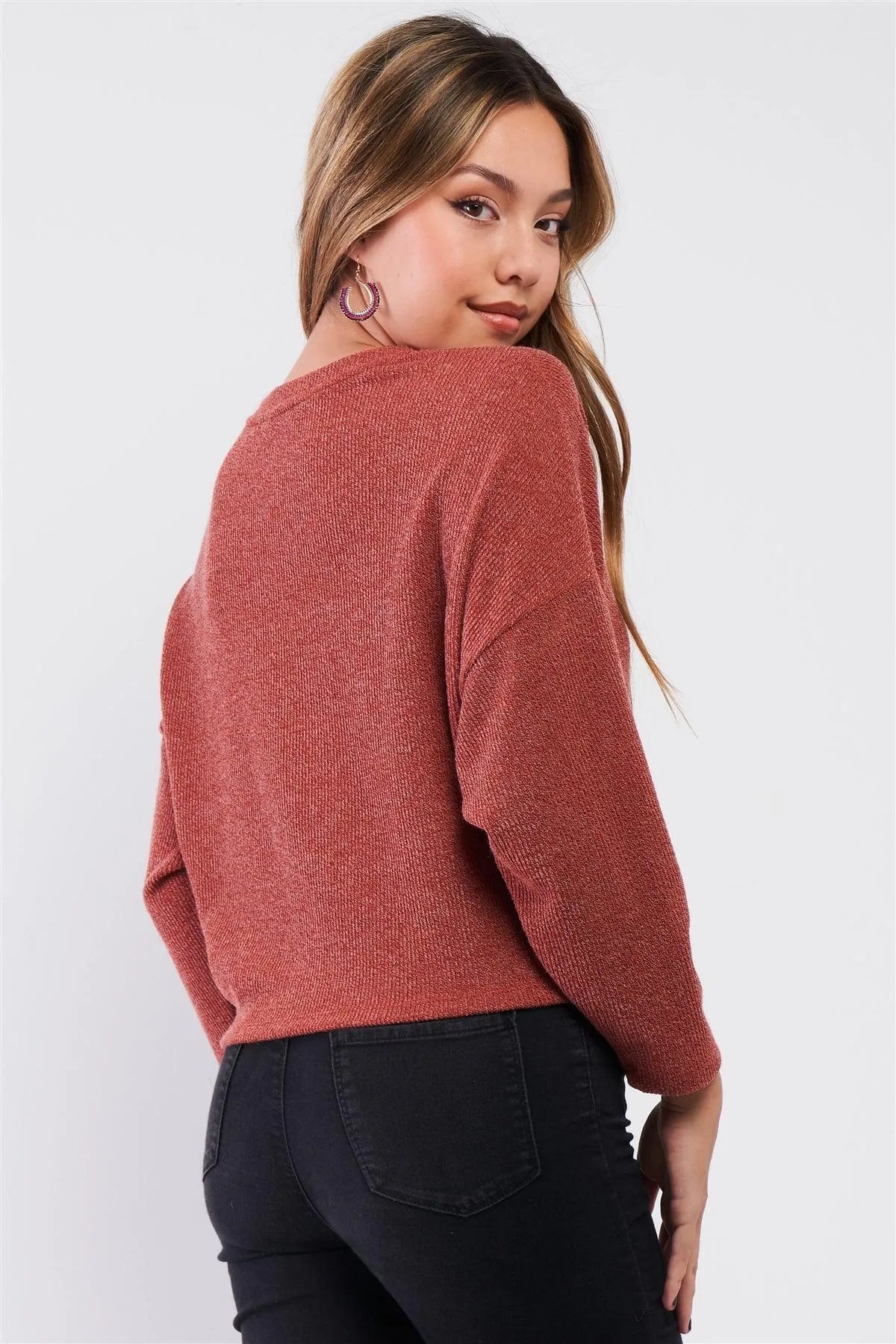 Brick Two Front Pocket Crew Neck Long Sleeve Knit Top /2-2-2 - Tasha Apparel Wholesale