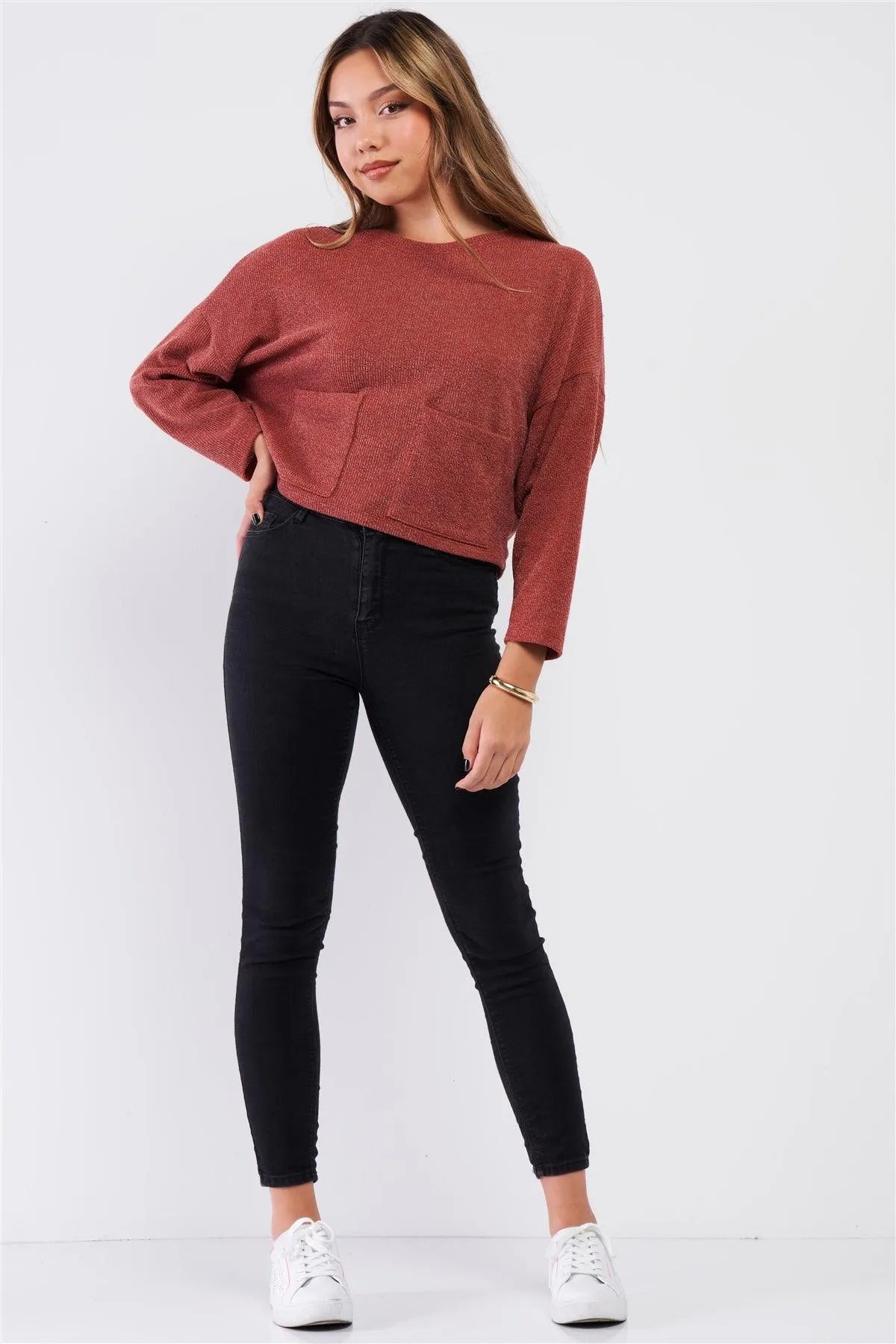 Brick Two Front Pocket Crew Neck Long Sleeve Knit Top /2-2-2 - Tasha Apparel Wholesale