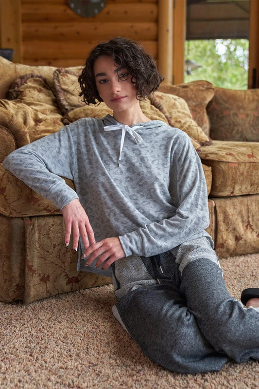 Grey Leopard Print Long Sleeve Drawstring-Tie Hooded Relaxed Sweat Shirt /2-2-2 - Tasha Apparel Wholesale