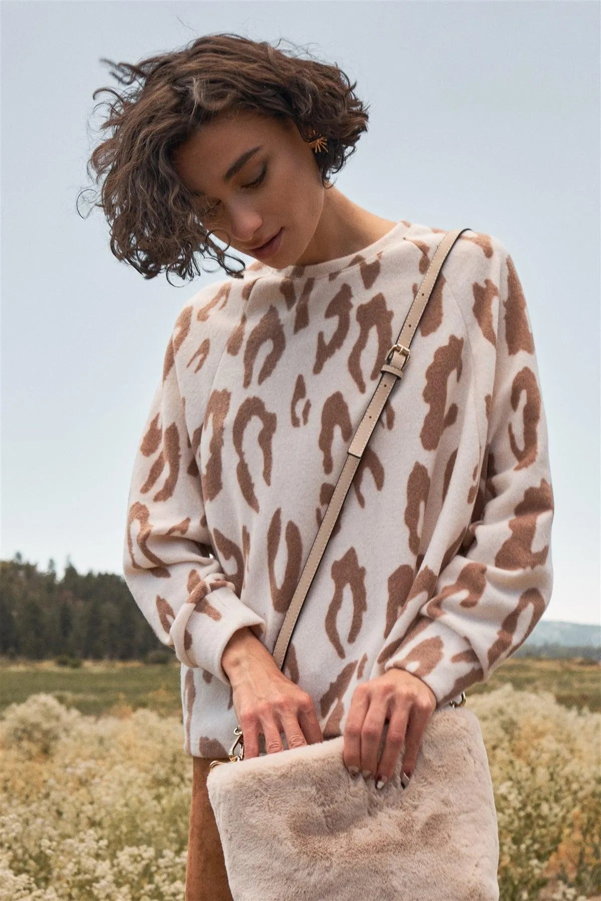 Ivory & Taupe Leopard Print Round Neck Long Sleeve Super Soft Sweatshirt /2-2-2 - Tasha Apparel Wholesale