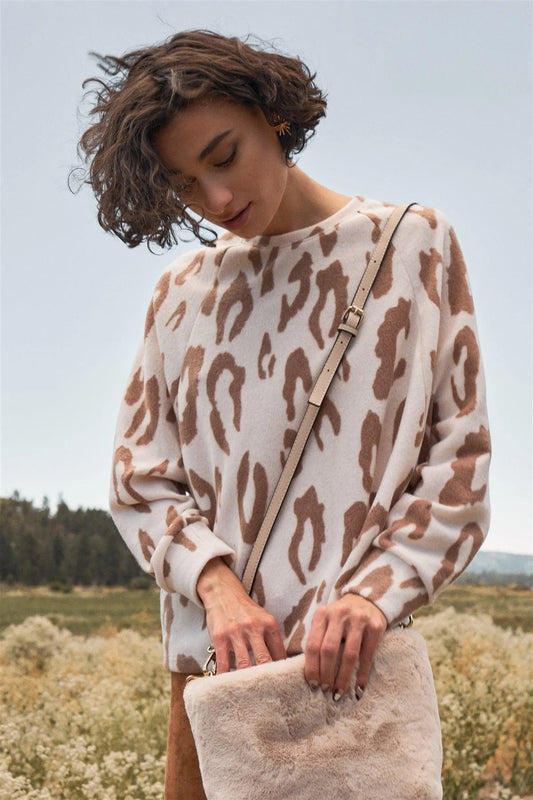 Ivory & Taupe Leopard Print Round Neck Long Sleeve Super Soft Sweatshirt /2-2-2 - Tasha Apparel Wholesale
