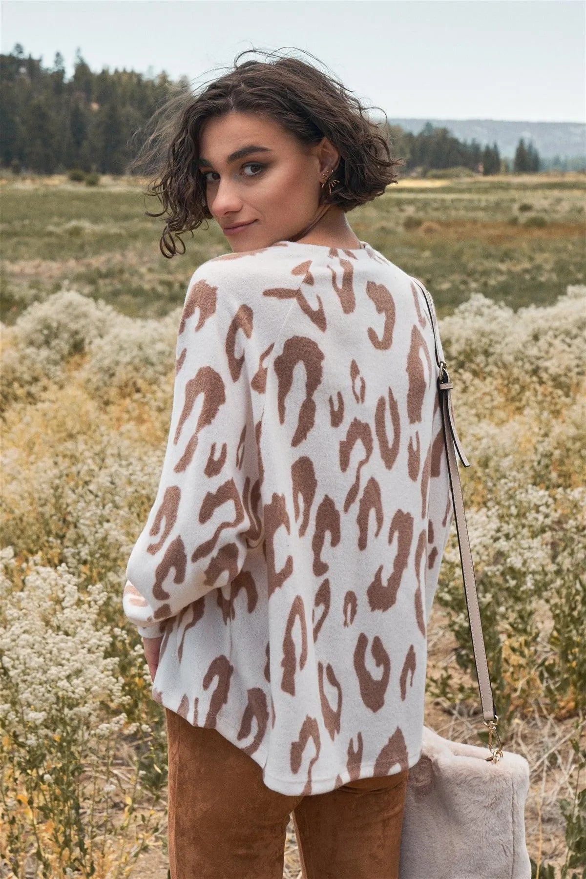 Ivory & Taupe Leopard Print Round Neck Long Sleeve Super Soft Sweatshirt /2-2-2 - Tasha Apparel Wholesale