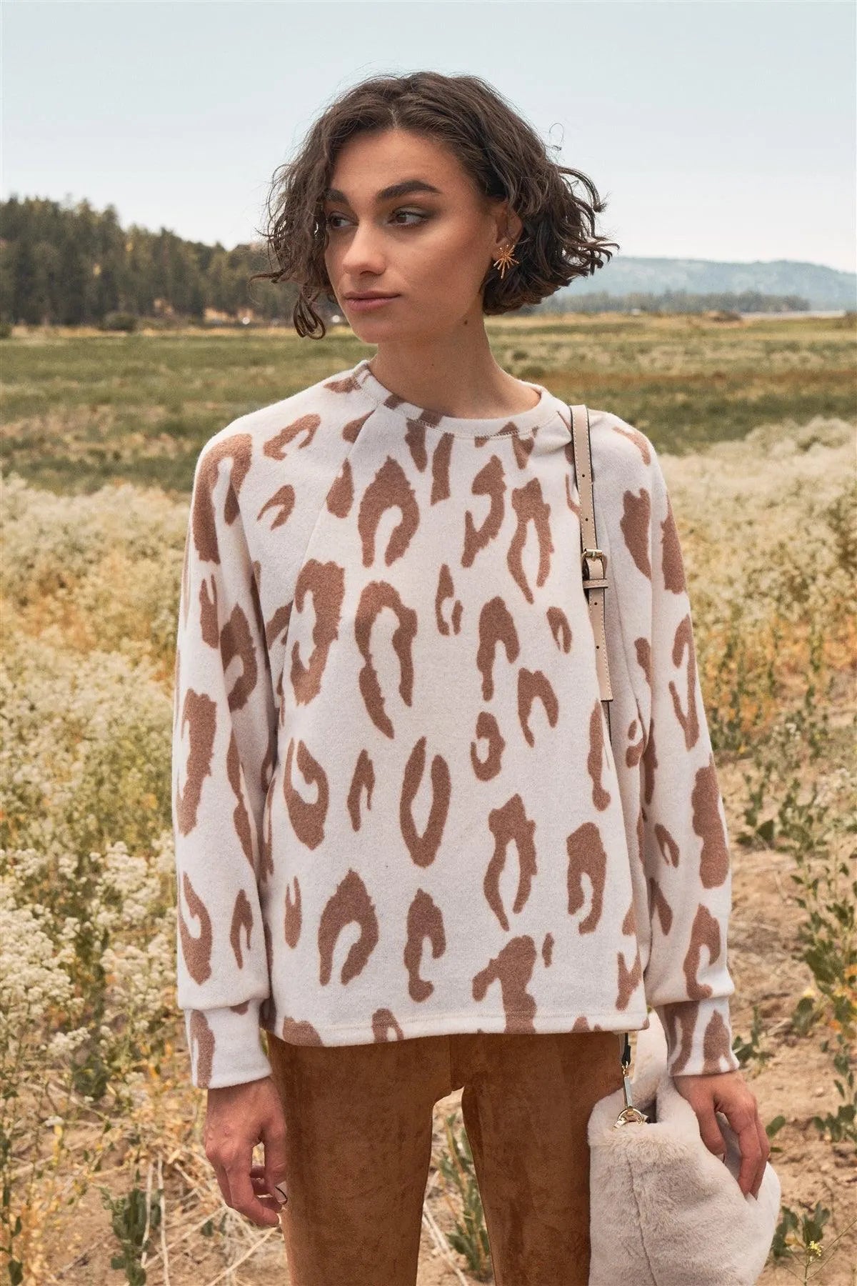 Ivory & Taupe Leopard Print Round Neck Long Sleeve Super Soft Sweatshirt /2-2-2 - Tasha Apparel Wholesale