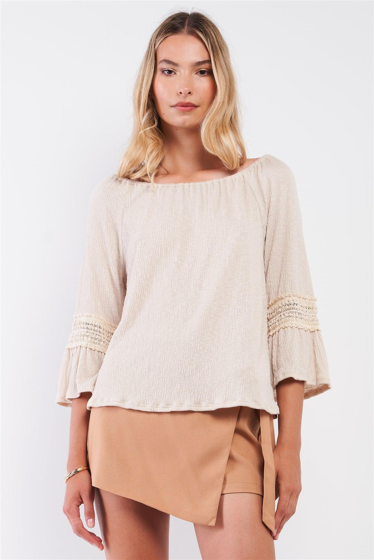 Natural Beige Boat Neck 3/4 Flare Sleeve With Embroidery Detail Top /2-2-2