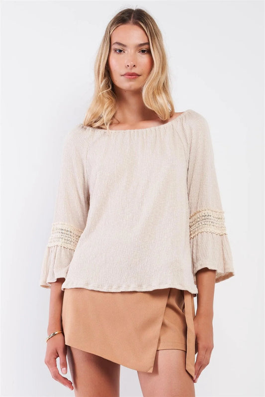 Natural Beige Boat Neck 3/4 Flare Sleeve With Embroidery Detail Top /2-2-2 - Tasha Apparel Wholesale