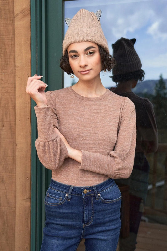 Brick Pink Boho Winter Knit Round Neck Balloon Sleeve Bodysuit /2-2-2 - Tasha Apparel Wholesale