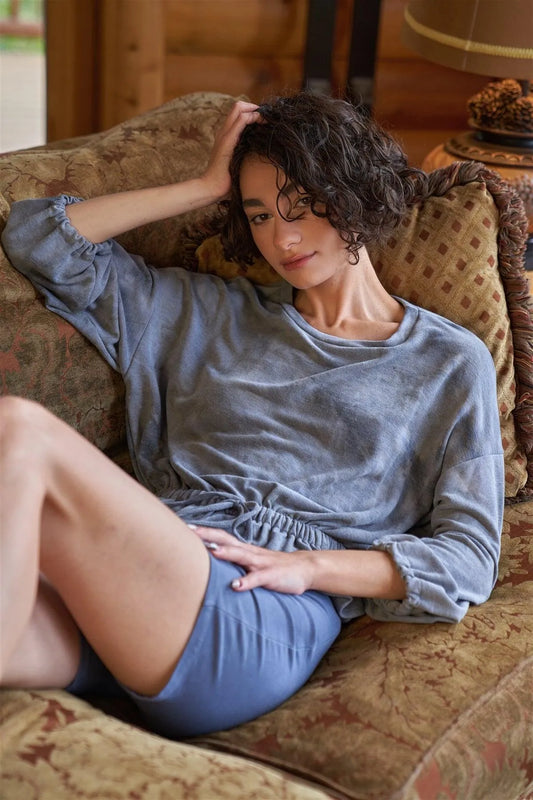 Mixed Grey Washed-Out Tie-Dye Effect Long Sleeve Gathered Waist Detail Relaxed Top /2-2-2 - Tasha Apparel Wholesale