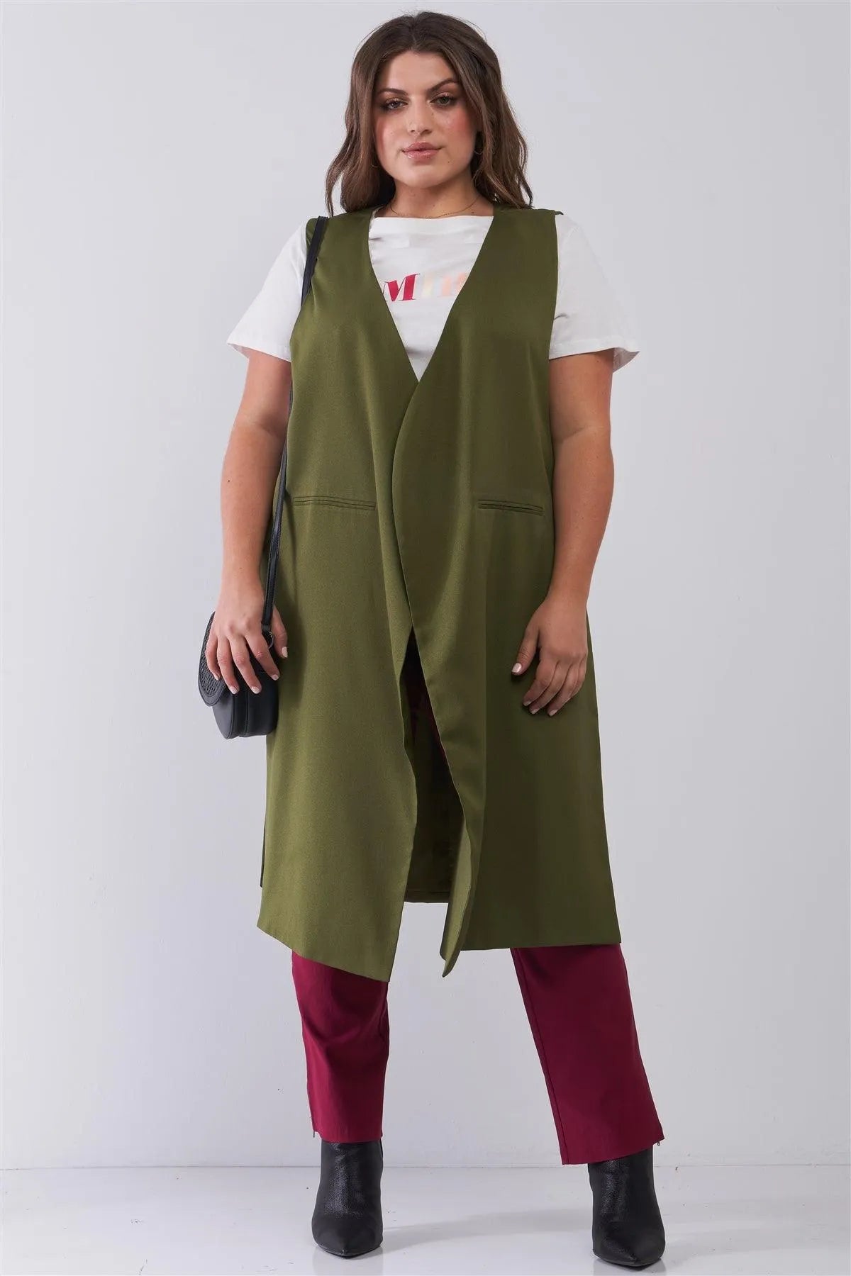 Junior Plus Olive Open Front And Side Sleeveless Long Vest /6 Pieces - Tasha Apparel Wholesale