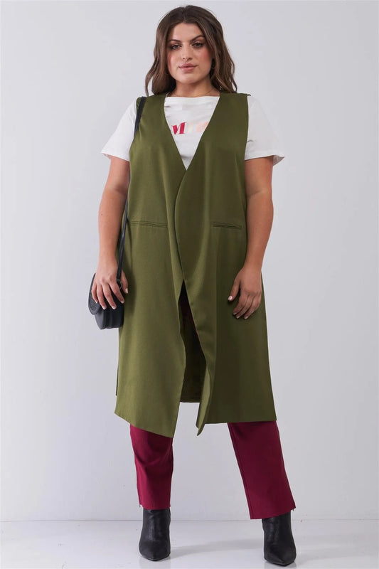 Junior Plus Olive Open Front And Side Sleeveless Long Vest /6 Pieces - Tasha Apparel Wholesale
