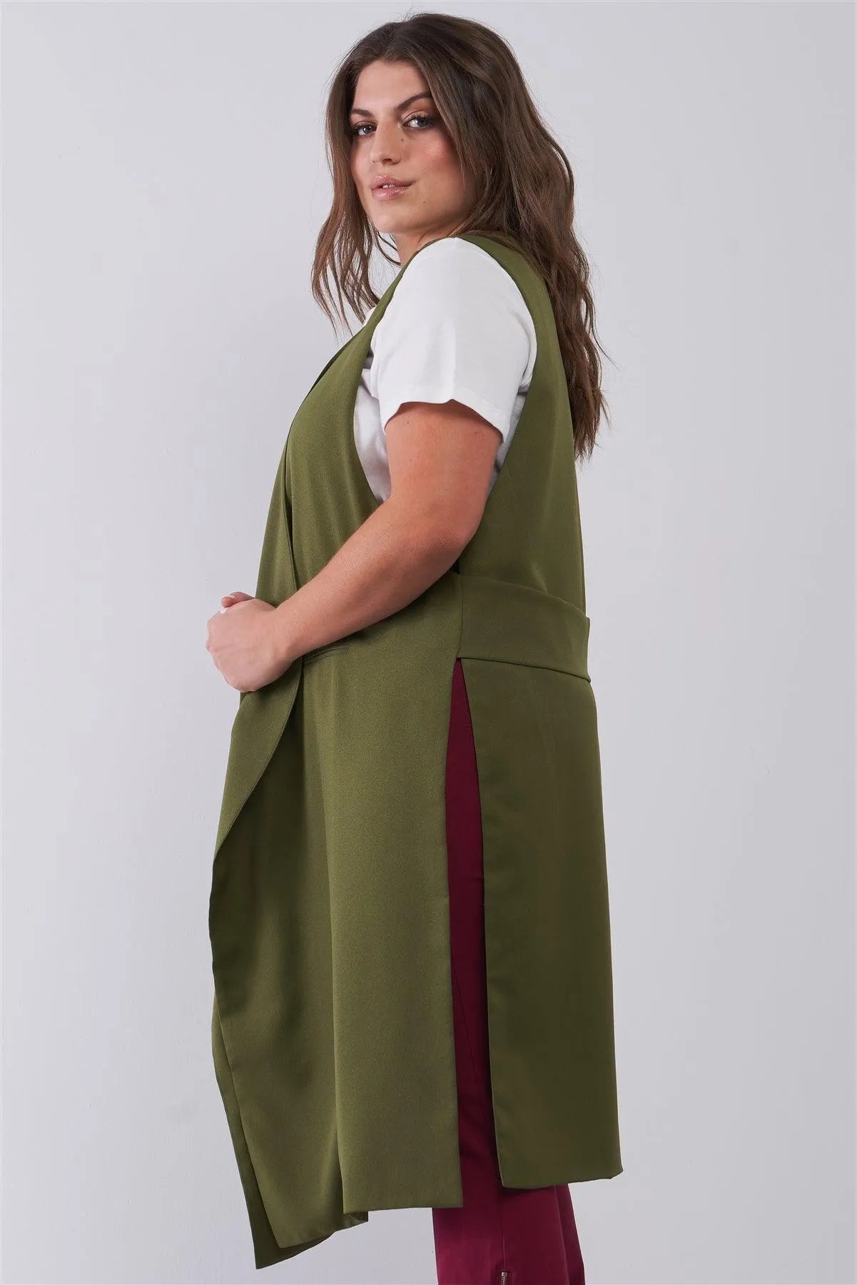 Junior Plus Olive Open Front And Side Sleeveless Long Vest /6 Pieces - Tasha Apparel Wholesale