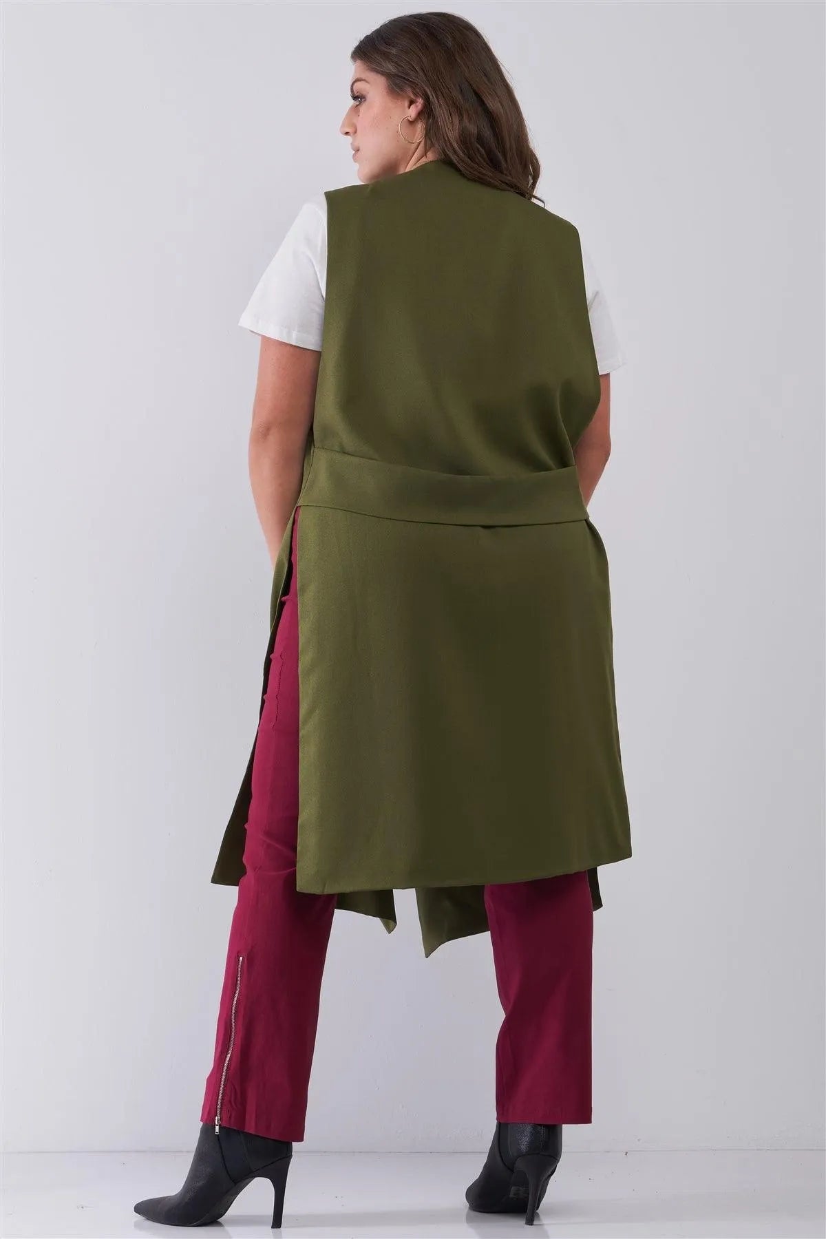Junior Plus Olive Open Front And Side Sleeveless Long Vest /6 Pieces - Tasha Apparel Wholesale