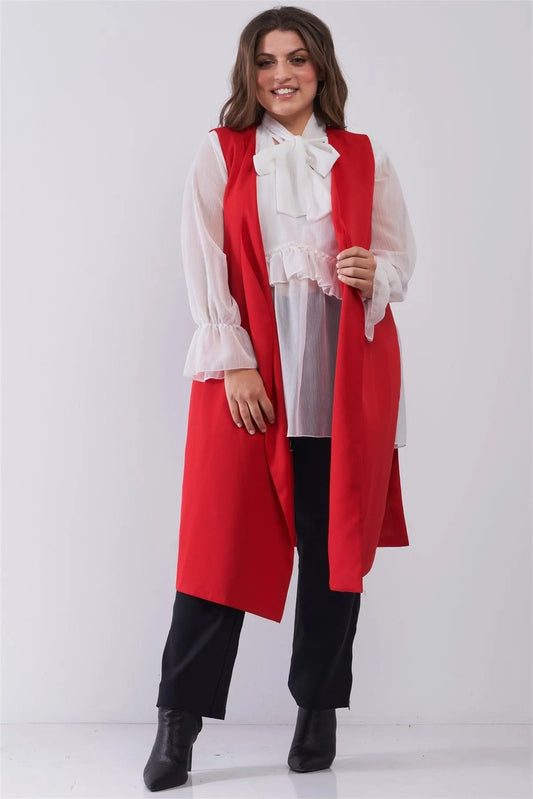Junior Plus Red Open Front And Side Sleeveless Long Vest /6 Pieces - Tasha Apparel Wholesale