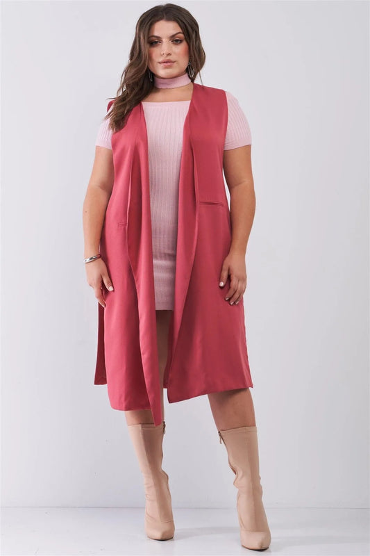 Junior Plus Rust Open Front And Side Sleeveless Long Vest - Tasha Apparel Wholesale