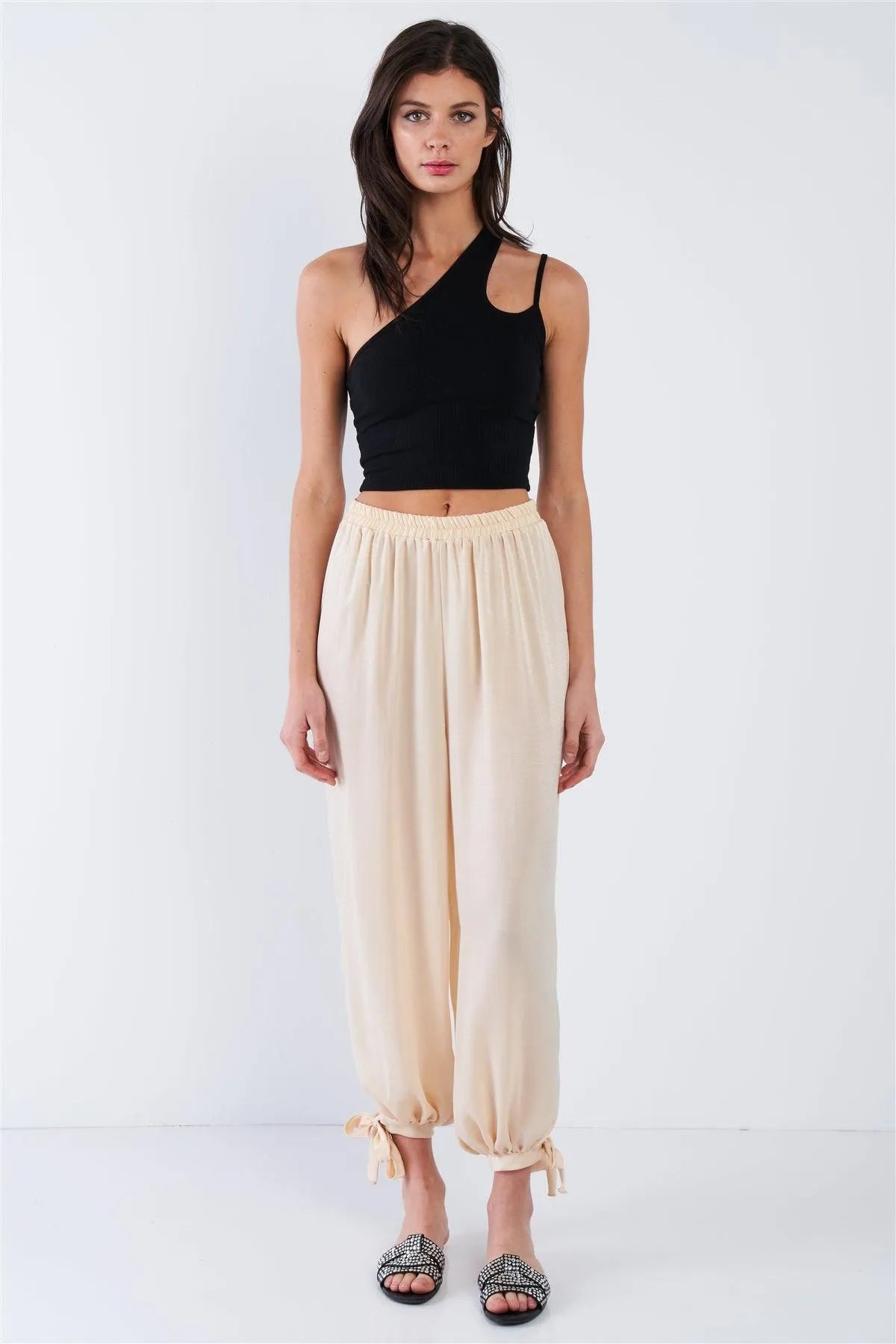 Silk Champagne Yellow Ankle Cut Out Semi-Sheer Jogger Pants /1-1-2-1 - Tasha Apparel Wholesale