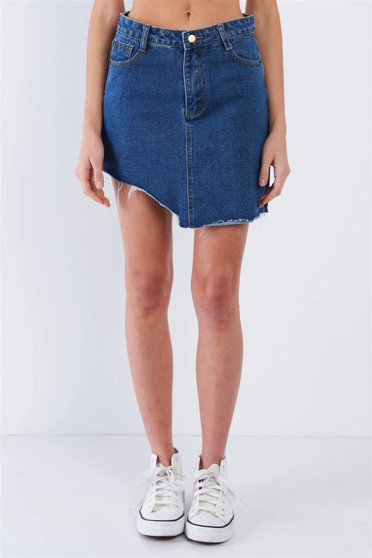 Dark Blue Washed Asymmetrical Raw Cut Hem Mini Skirt /2-2-1 - Tasha Apparel Wholesale