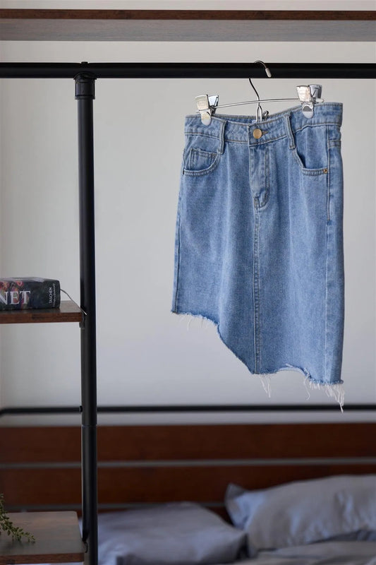 Medium Blue Washed Asymmetrical Raw Cut Hem Mini Skirt /2-2-1 - Tasha Apparel Wholesale