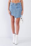 Medium Blue Washed Asymmetrical Raw Cut Hem Mini Skirt / 1-3-2