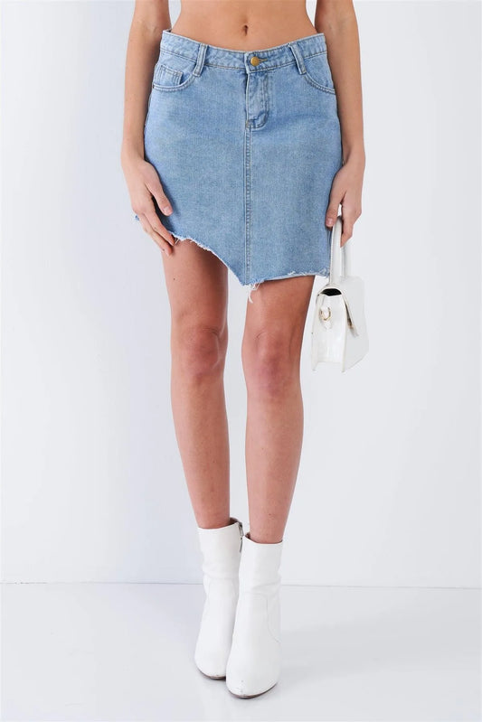 Medium Blue Washed Asymmetrical Raw Cut Hem Mini Skirt / 1-3-2 - Tasha Apparel Wholesale