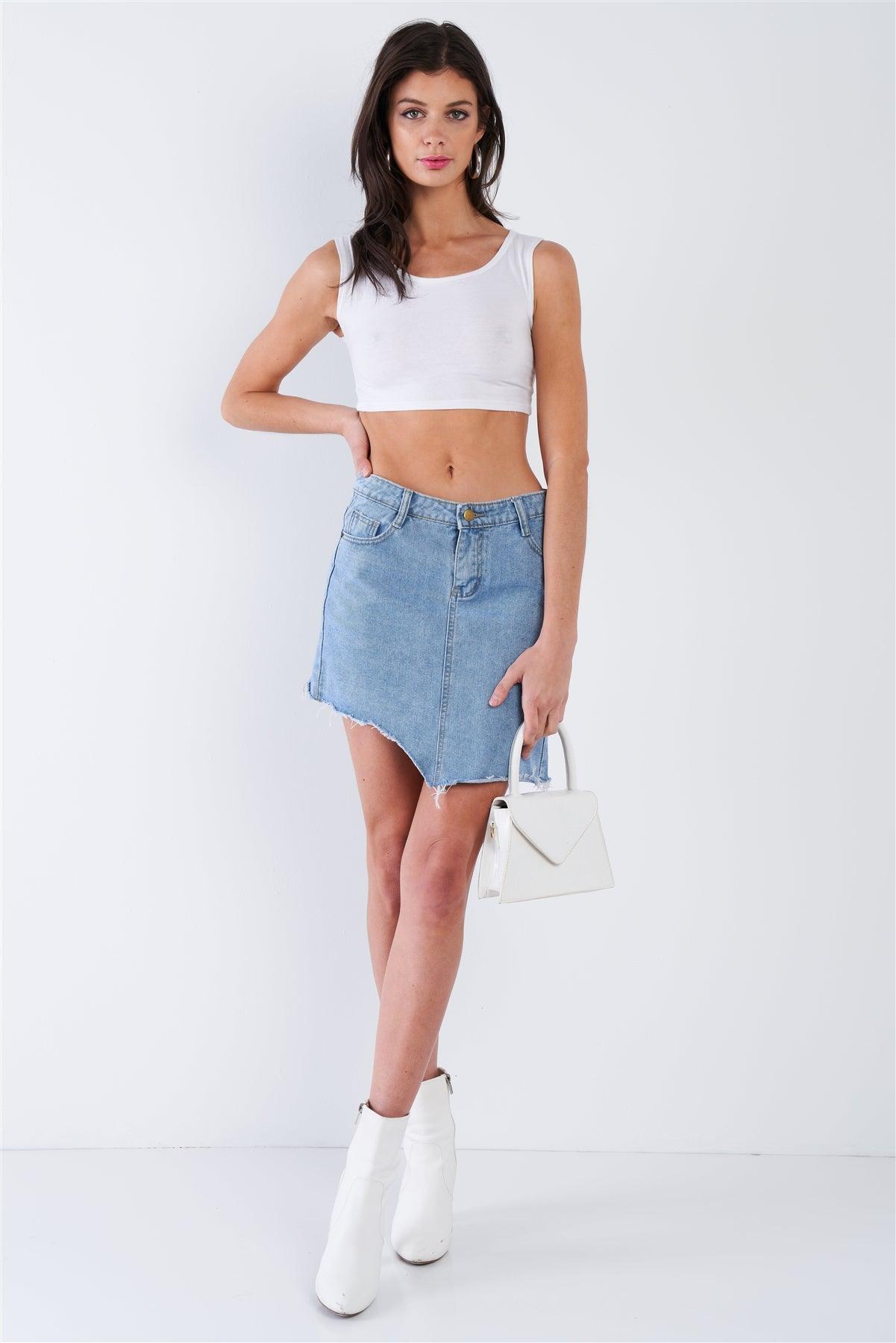 Medium Blue Washed Asymmetrical Raw Cut Hem Mini Skirt / 1-3-2