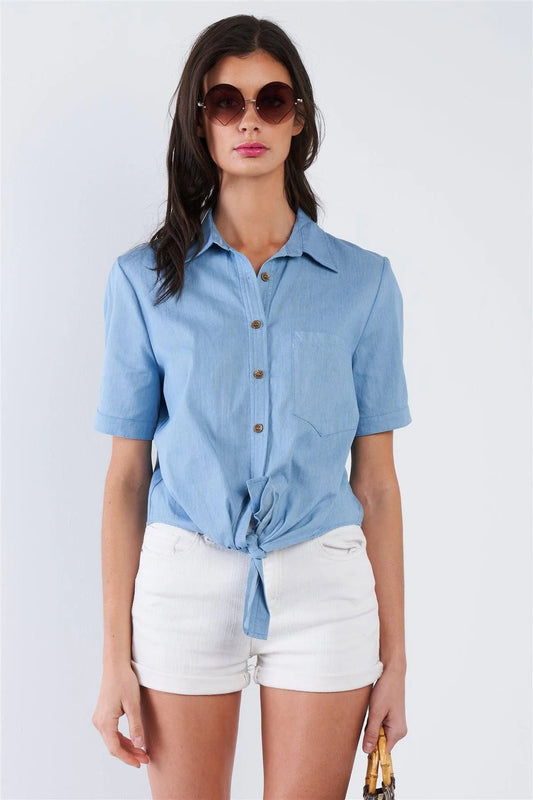 Blue Cotton Front Knot Button Down Short Sleeve Top /1-3-1 - Tasha Apparel Wholesale