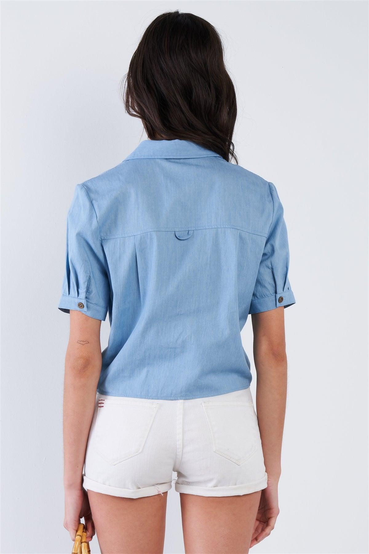 Blue Cotton Front Knot Button Down Short Sleeve Top  /1-2-2-1