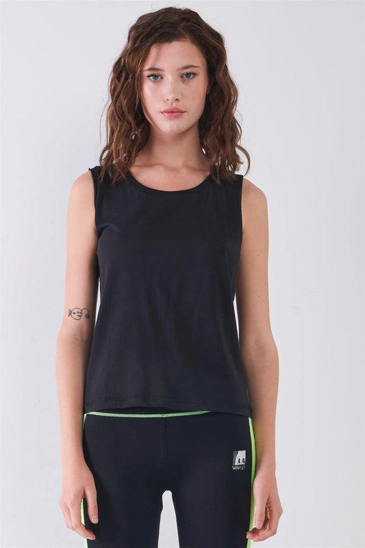 Black Solid Sleeveless Raw Hem Detail Round Neck Basic Tank Top /1-2-2-1 - Tasha Apparel Wholesale