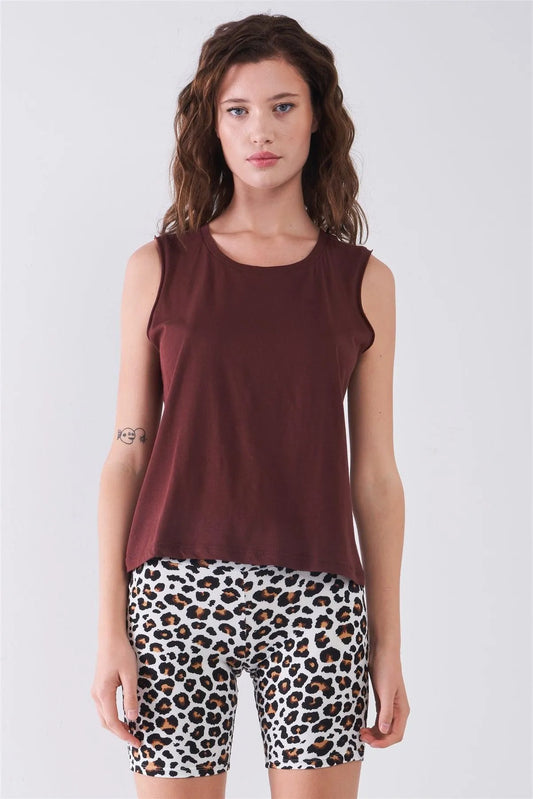 Burgundy Solid Sleeveless Raw Hem Detail Round Neck Basic Tank Top /1-2-2-1 - Tasha Apparel Wholesale