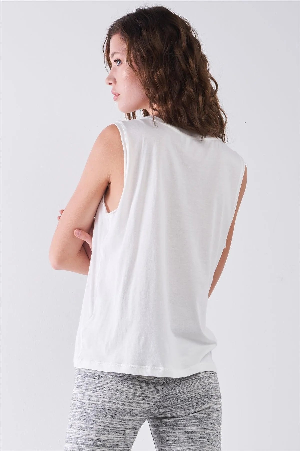 White Solid Sleeveless Raw Hem Detail Round Neck Basic Tank Top /1-2-2-1 - Tasha Apparel Wholesale