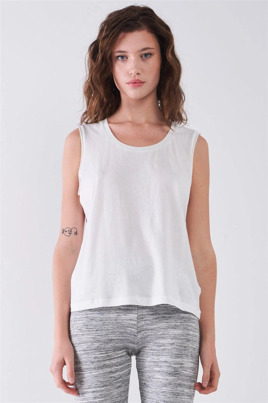 White Solid Sleeveless Raw Hem Detail Round Neck Basic Tank Top - Tasha Apparel Wholesale