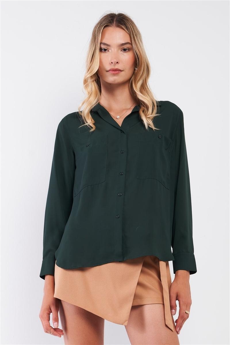 Dark Green Long Sleeve Button Down Two Front Pockets Side Slit Shirt Top