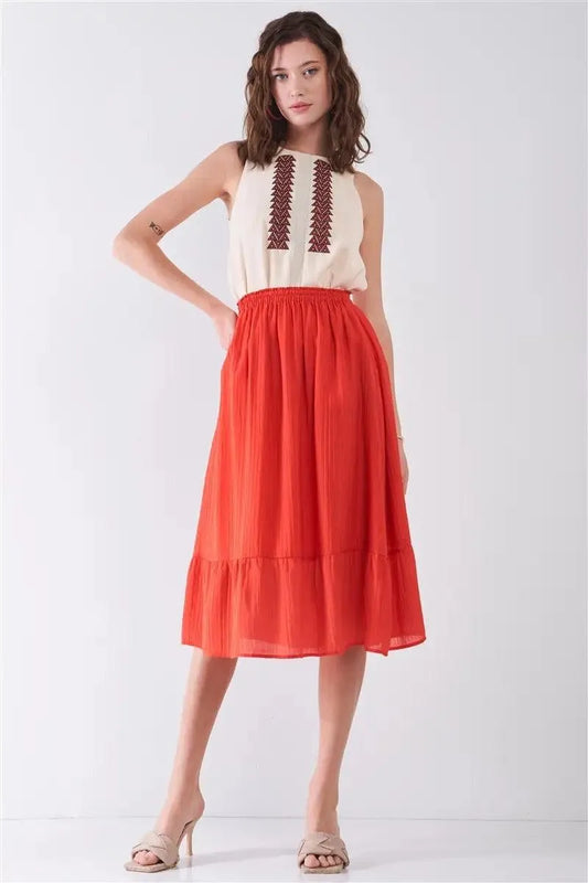 Afterglow Red High-Waisted Slightly Pleated Midi Skirt - Tasha Apparel Wholesale