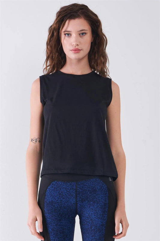 Black Solid Sleeveless Round Neck Basic Tank Top /1-2-2-1 - Tasha Apparel Wholesale