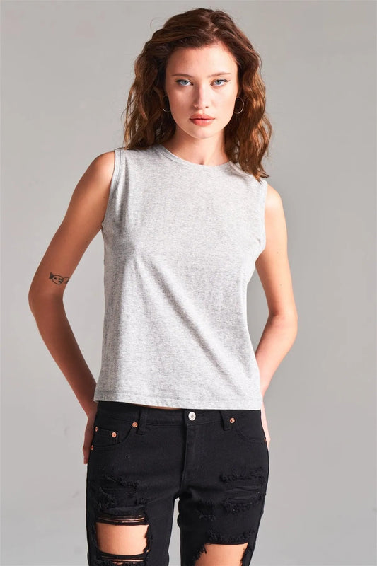Heather Grey Solid Sleeveless Round Neck Basic Tank Top /2-1-1-2 - Tasha Apparel Wholesale