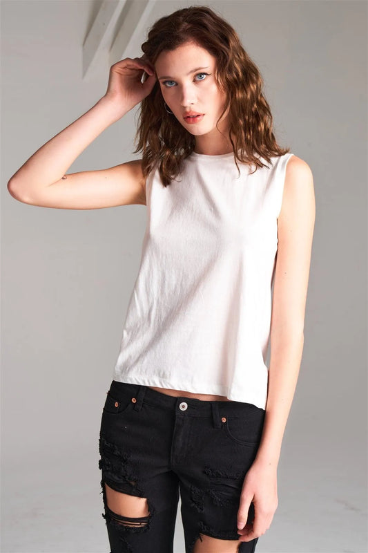 White Solid Sleeveless Round Neck Basic Tank Top /1-3-2 - Tasha Apparel Wholesale