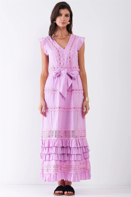 Purple Boho Crochet Trim Ruffle Mini Sleeve Detachable Self-Tie Belt Detail Layered Ruffle Maxi Dress /2-2-2 - Tasha Apparel Wholesale