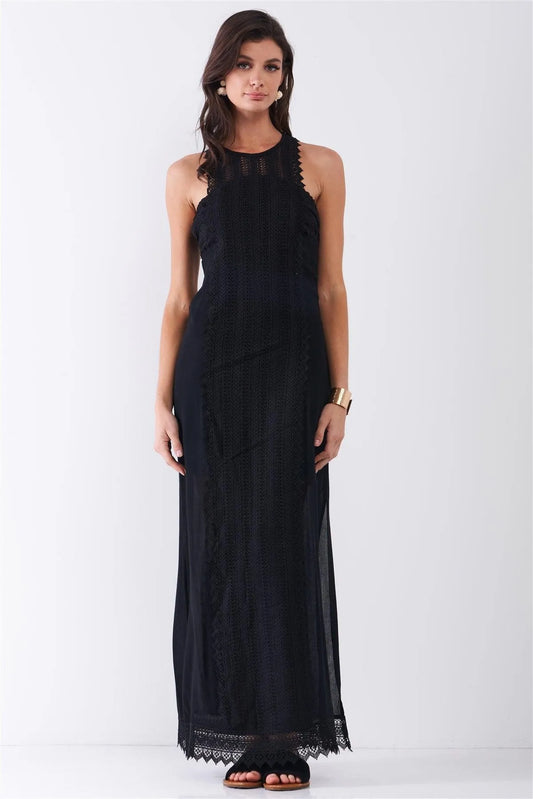 Black Boho Chic Crochet Embroidery Trim Sleeveless Round Neck Slit Detail Straight Maxi Dress /2-1-2 - Tasha Apparel Wholesale