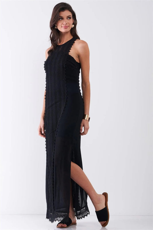 Black Boho Chic Crochet Embroidery Trim Sleeveless Round Neck Slit Detail Straight Maxi Dress /2-2-2 - Tasha Apparel Wholesale
