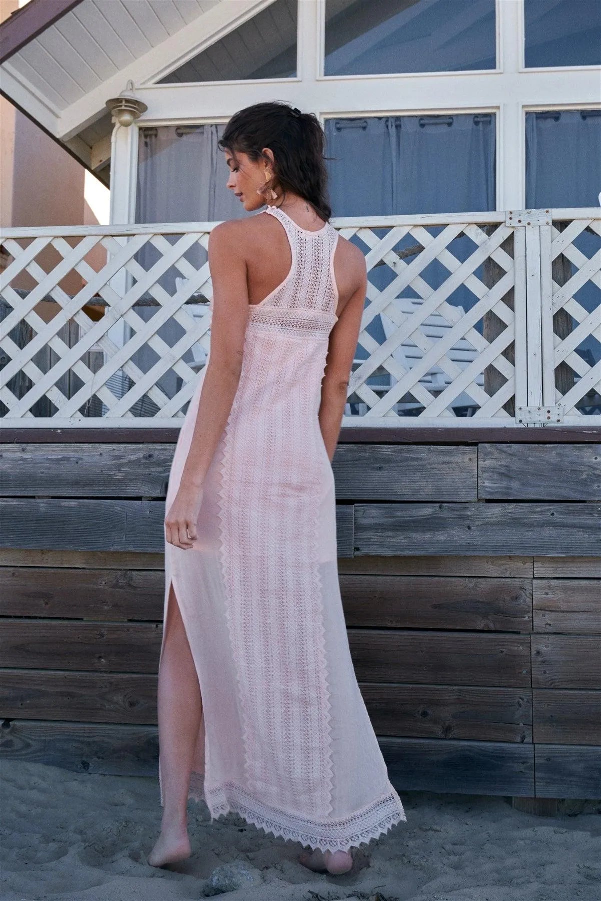 Blush Boho Chic Crochet Embroidery Trim Sleeveless Round Neck Slit Detail Straight Maxi Dress /2-2-2 Blush Boho Chic Crochet Embroidery Trim Sleeveless Round Neck Slit Detail Straight Maxi Dress /2-2-2