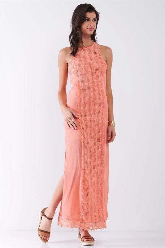 Coral Boho Chic Crochet Embroidery Trim Sleeveless Round Neck Slit Detail Straight Maxi Dress /2-1-1 - Tasha Apparel Wholesale