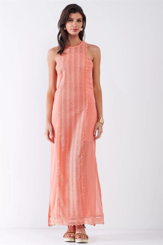 Coral Boho Chic Crochet Embroidery Trim Sleeveless Round Neck Slit Detail Straight Maxi Dress /2-2-2 - Tasha Apparel Wholesale