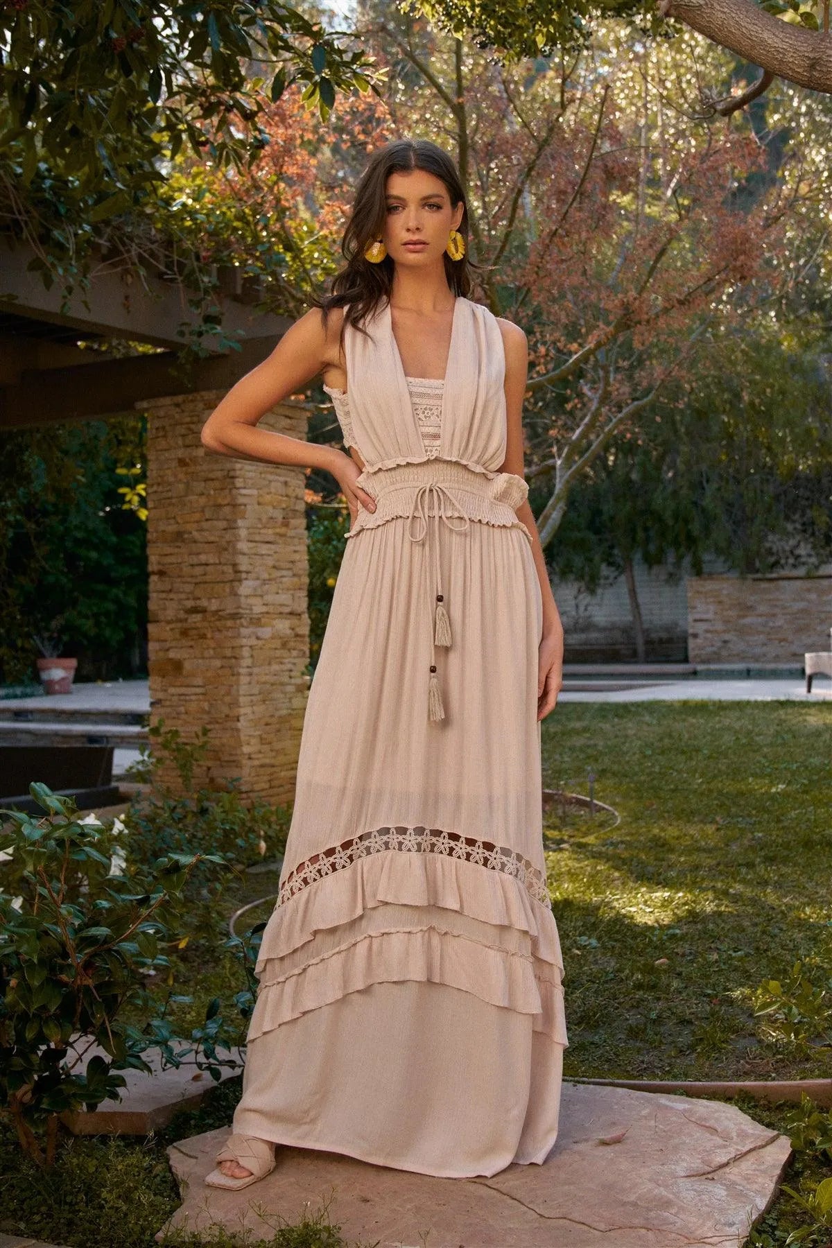 Beige Boho Crochet Sleeveless D-Ring Shoulder Hooks Detail Open Back Ruffle Maxi Dress /1-2-2 Beige Boho Crochet Sleeveless D-Ring Shoulder Hooks Detail Open Back Ruffle Maxi Dress /1-2-2
