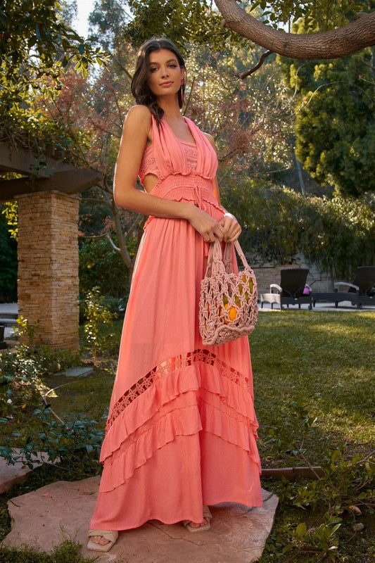Coral Boho Crochet Sleeveless D-Ring Shoulder Hooks Detail Open Back Ruffle Maxi Dress /2-3-1 - Tasha Apparel Wholesale