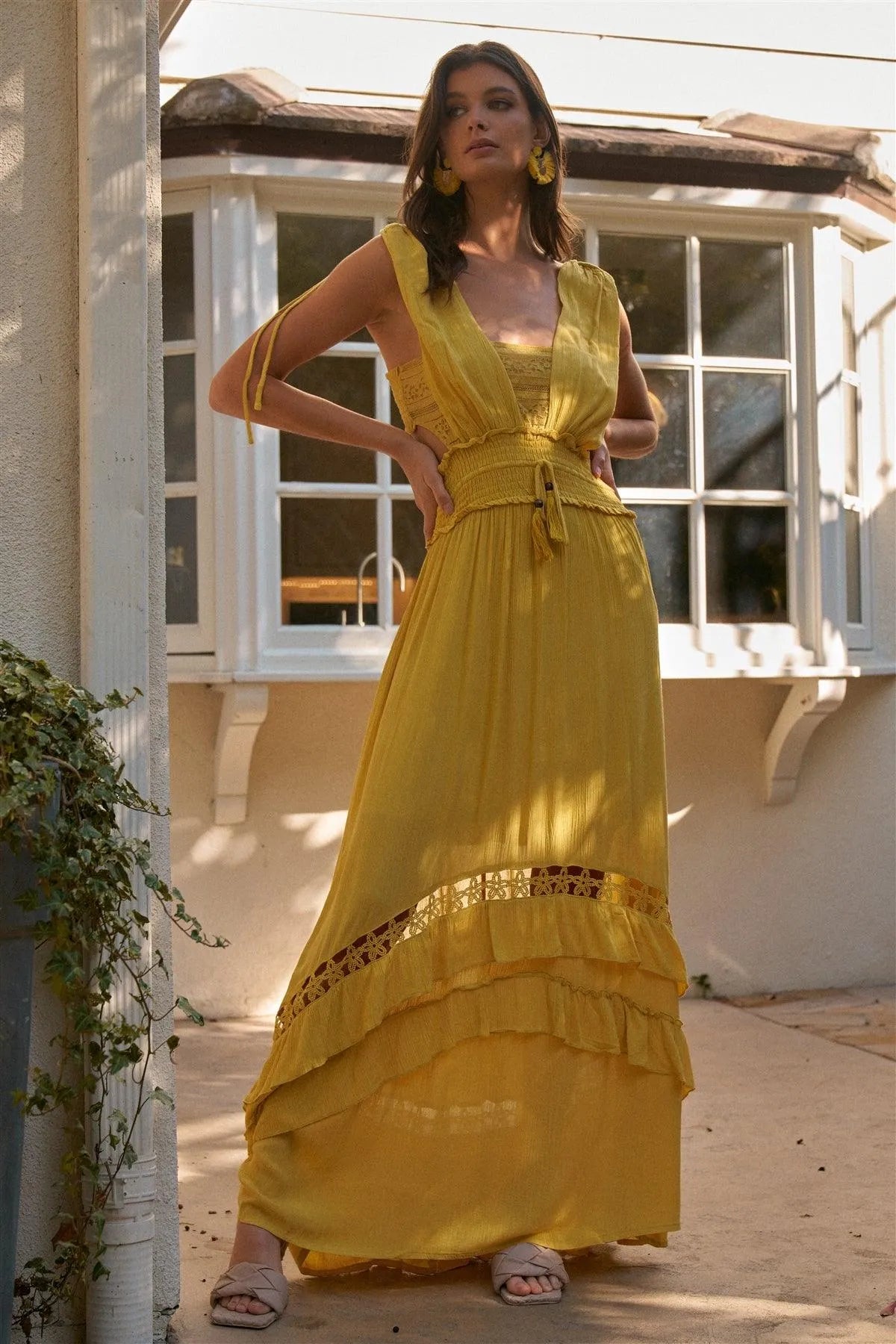 Mustard Boho Crochet Sleeveless D-Ring Shoulder Hooks Detail Open Back Ruffle Maxi Dress /1-1-2 - Tasha Apparel Wholesale