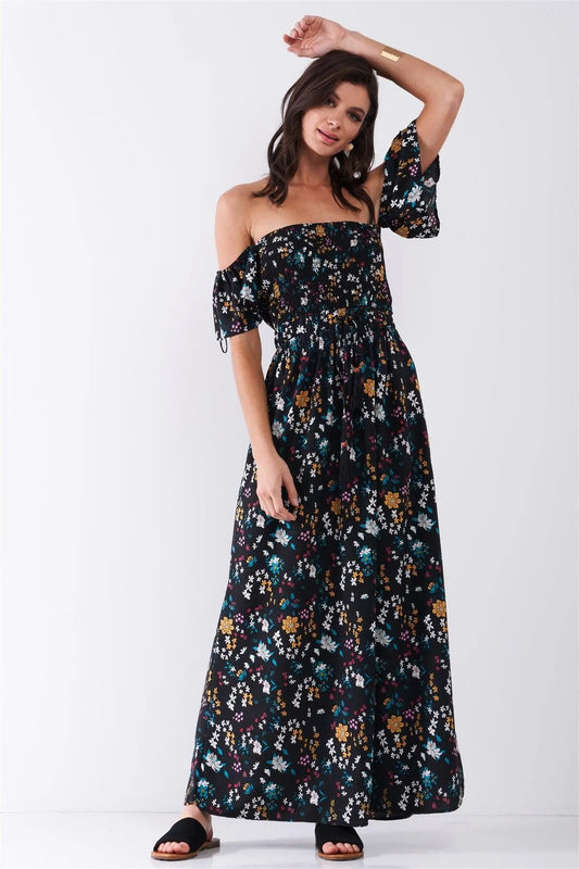 Black Floral Print Off-The-Shoulder Self-Tie Waist Maxi Dress - Tasha Apparel Wholesale