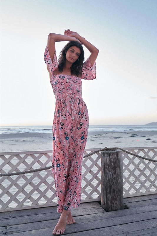 Pink Floral Print Off-The-Shoulder Puff Sleeve Smock Detail Self-Tie Waist Maxi Dress /2-2-2 - Tasha Apparel Wholesale
