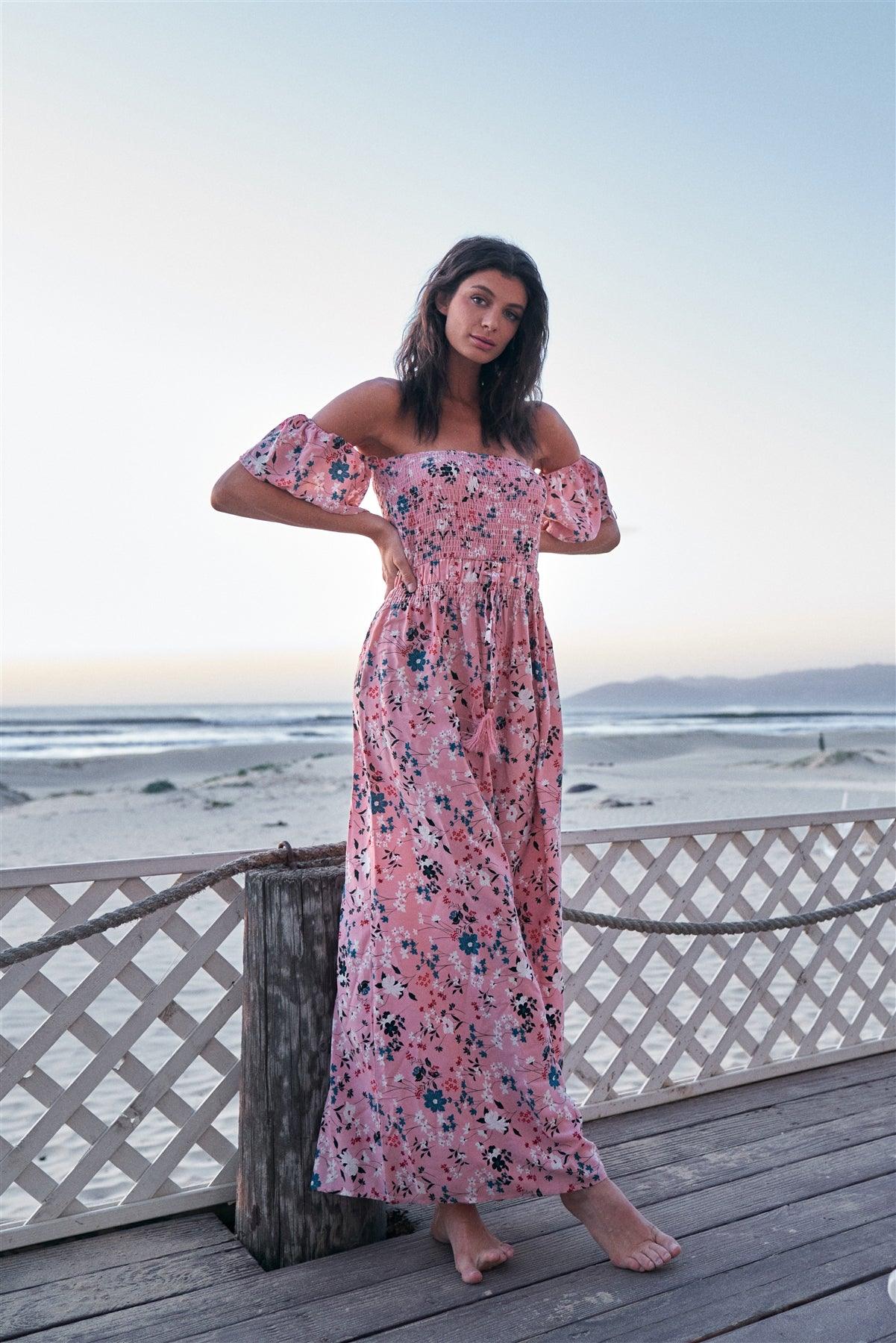 Pink Floral Print Off-The-Shoulder Puff Sleeve Smock Detail Self-Tie Waist Maxi Dress /2-2-2
