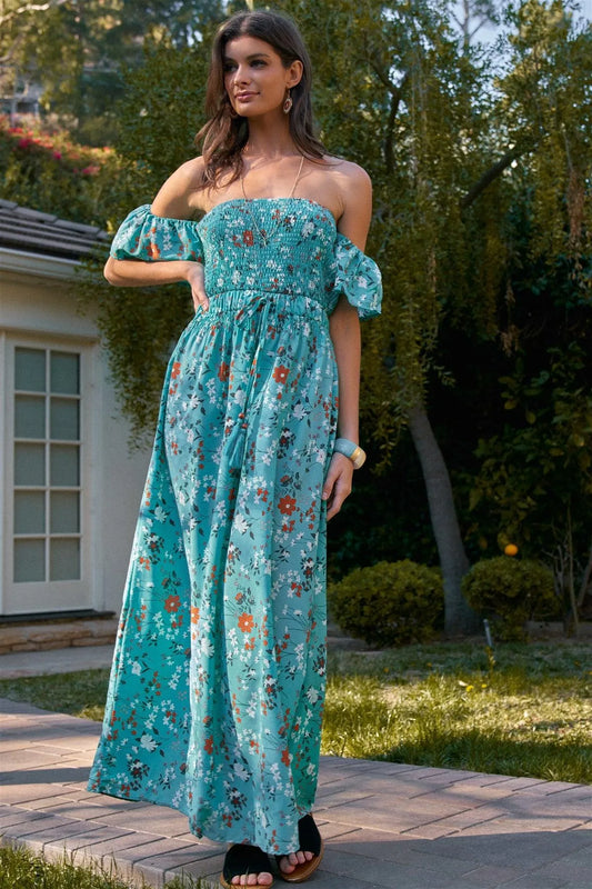 Turquoise Floral Print Off-The-Shoulder Puff Sleeve Smock Detail Self-Tie Waist Maxi Dress /2-2-2 - Tasha Apparel Wholesale