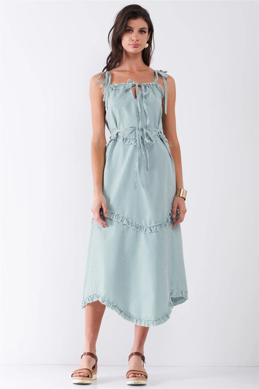 Green Striped Sleeveless V-Neck Ruffle Trim Self-Tie Waist Detail Midi Dress /2-2-2 - Tasha Apparel Wholesale